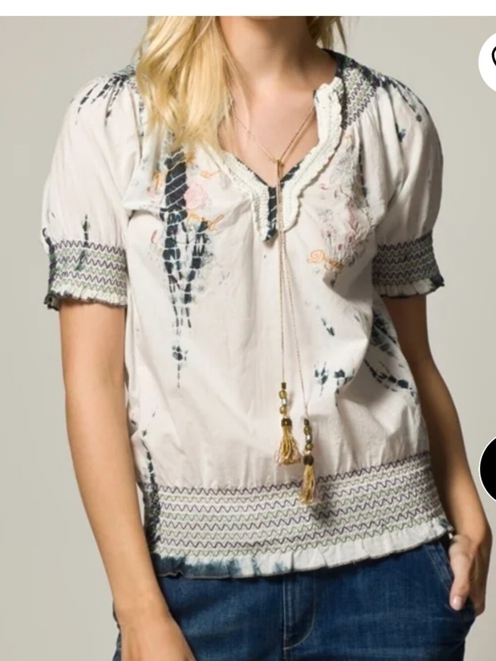 Desigual Cream and Navy Embroidered Tie-Dye Peasant Blouse